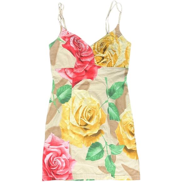 Vintage Dresses & Skirts - Y2K Pink Yellow Tan Floral Rhinestone Sleeveless Mini Dress 44 / M Angelo Marani